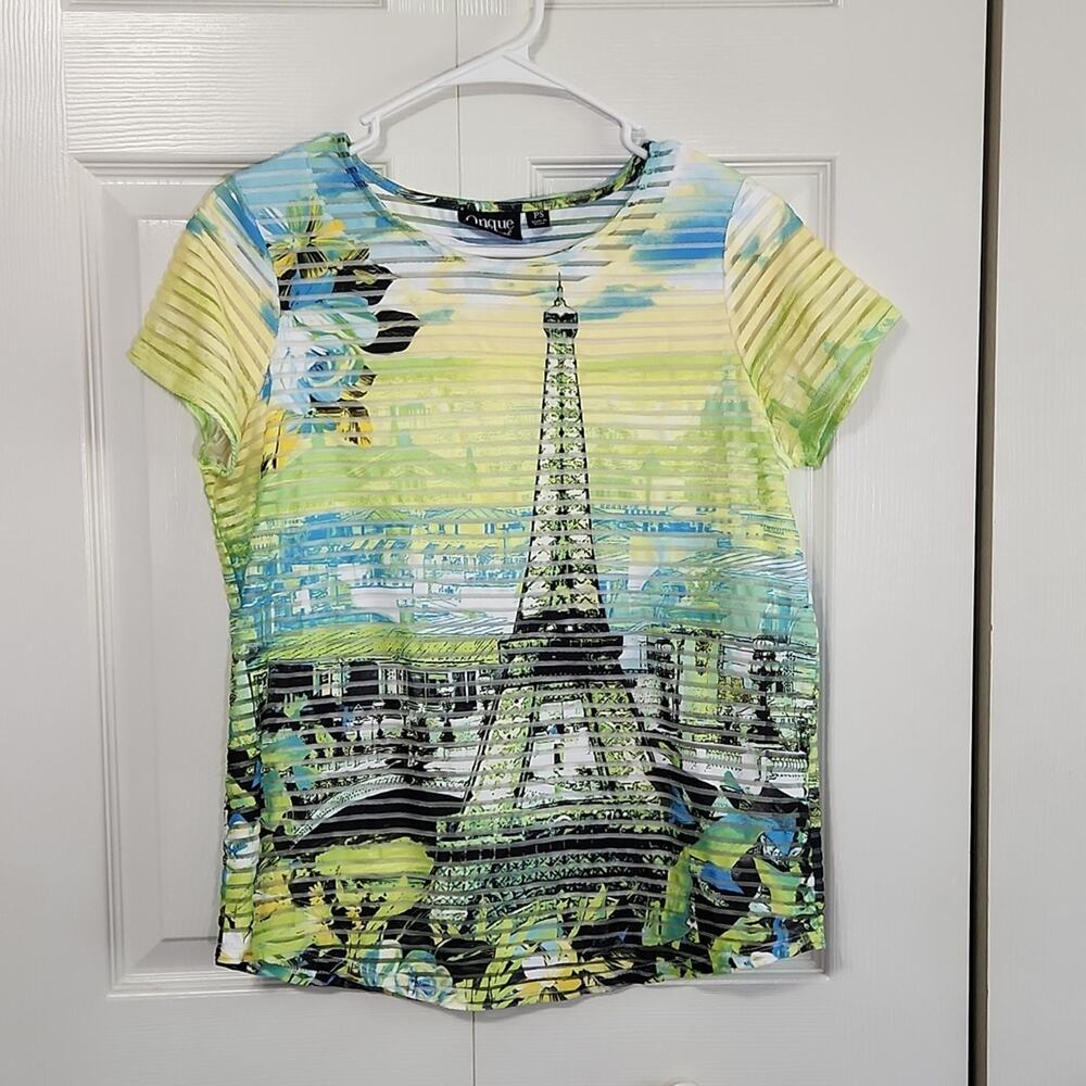 Onque Casual Women's Short Sleeve Floral Eiffel Tower Top Shirt Size PS Art Wear